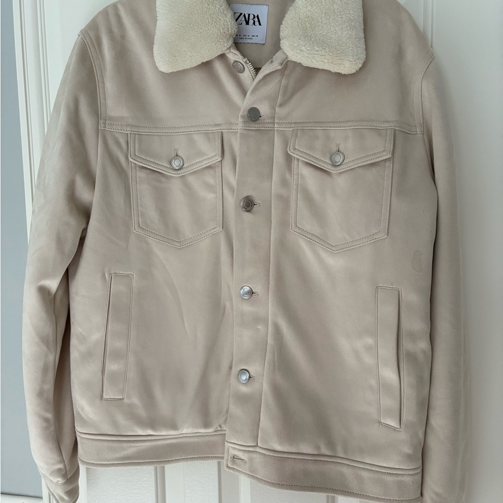 Zara Men's Cream Jacket with Shearling Collar